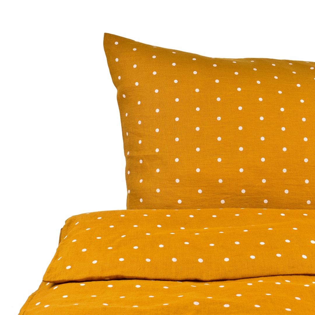 Dotted, mustard colour washed linen single bed set, 140X200;50X70