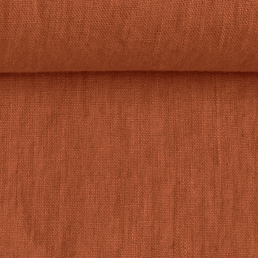 Washed linen fabric in dark chestnut colour, 205 g/m²