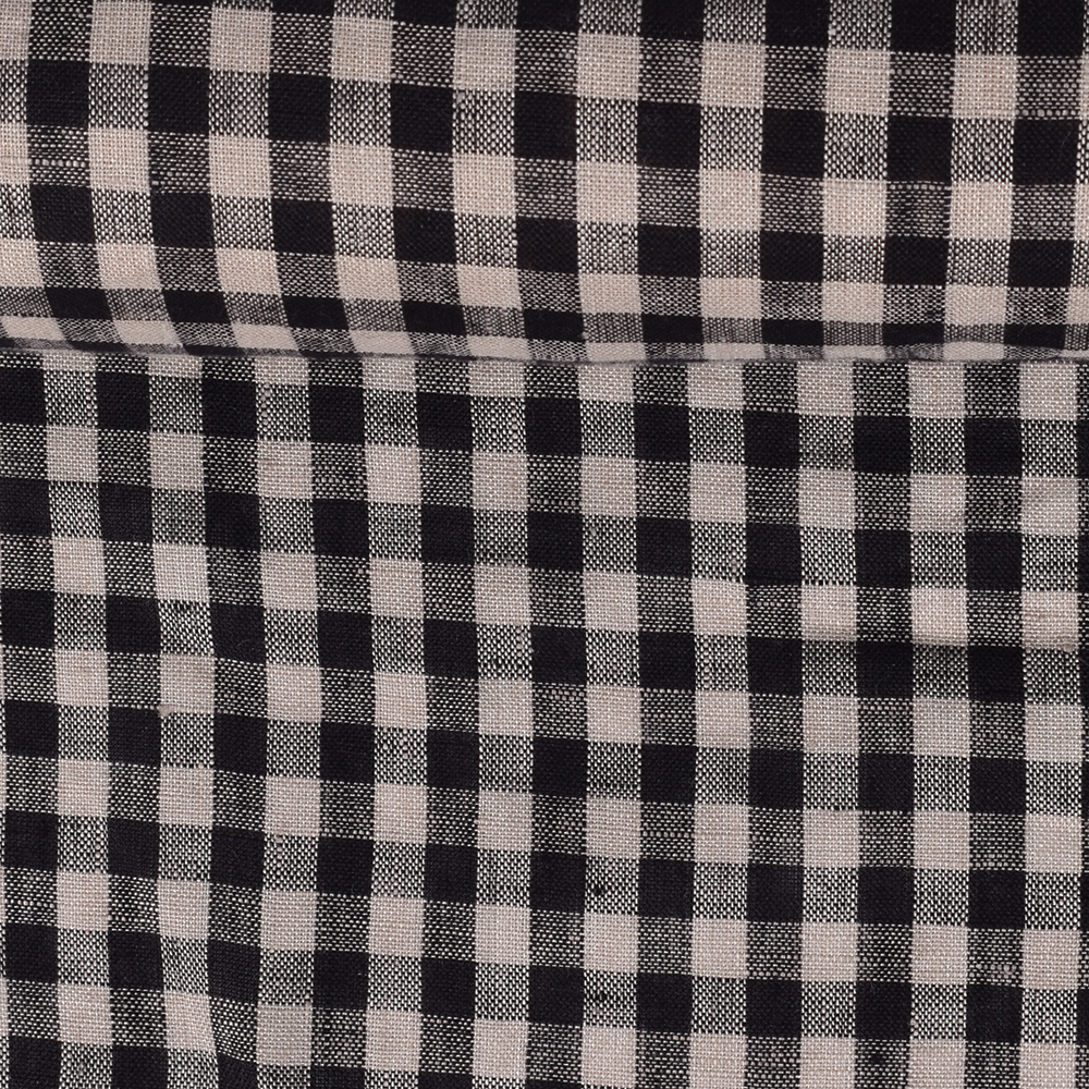 Washed black checked linen fabric, 130 g/m²