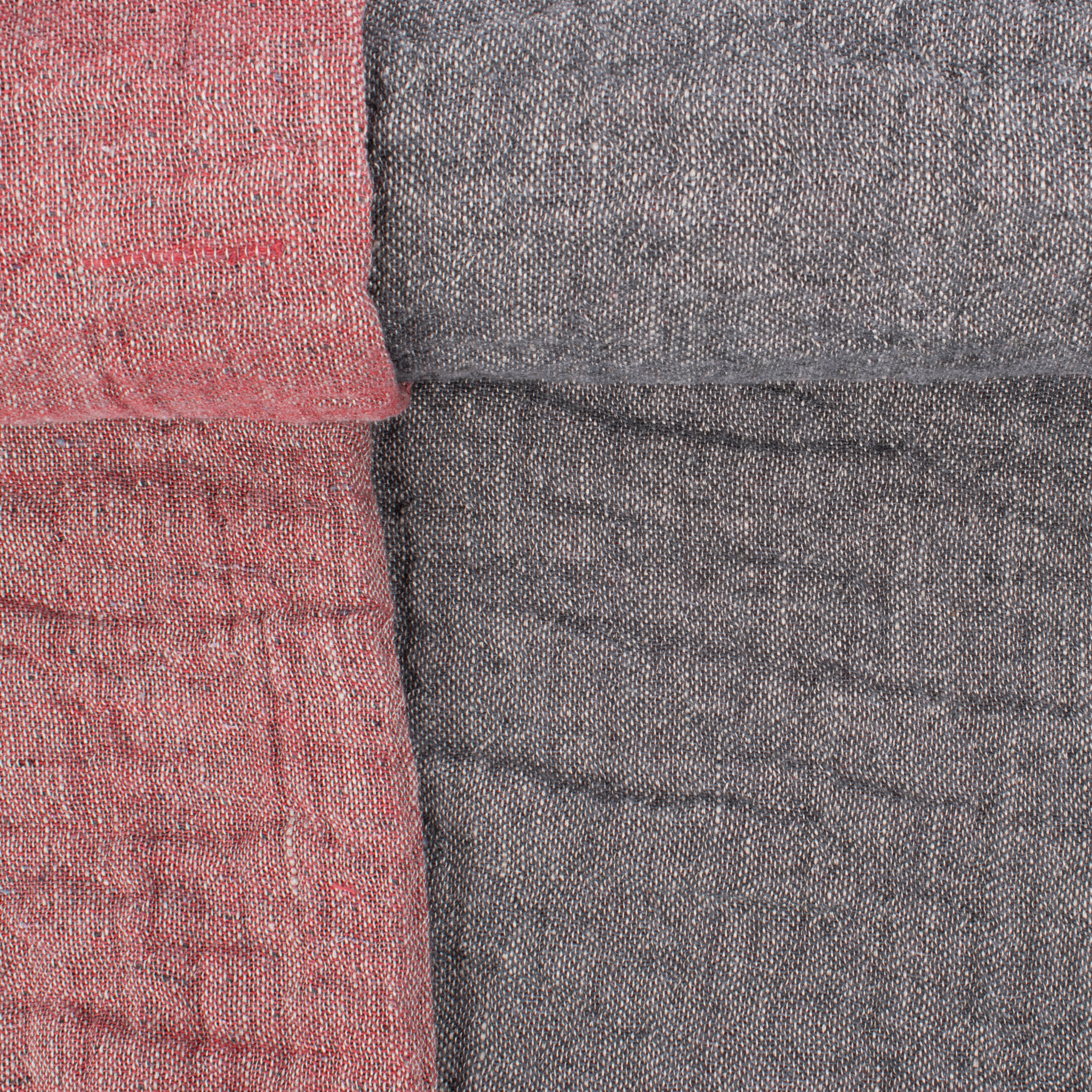 Washed double-sided grey and red color linen fabric with recycled yarns, 380 g/m²