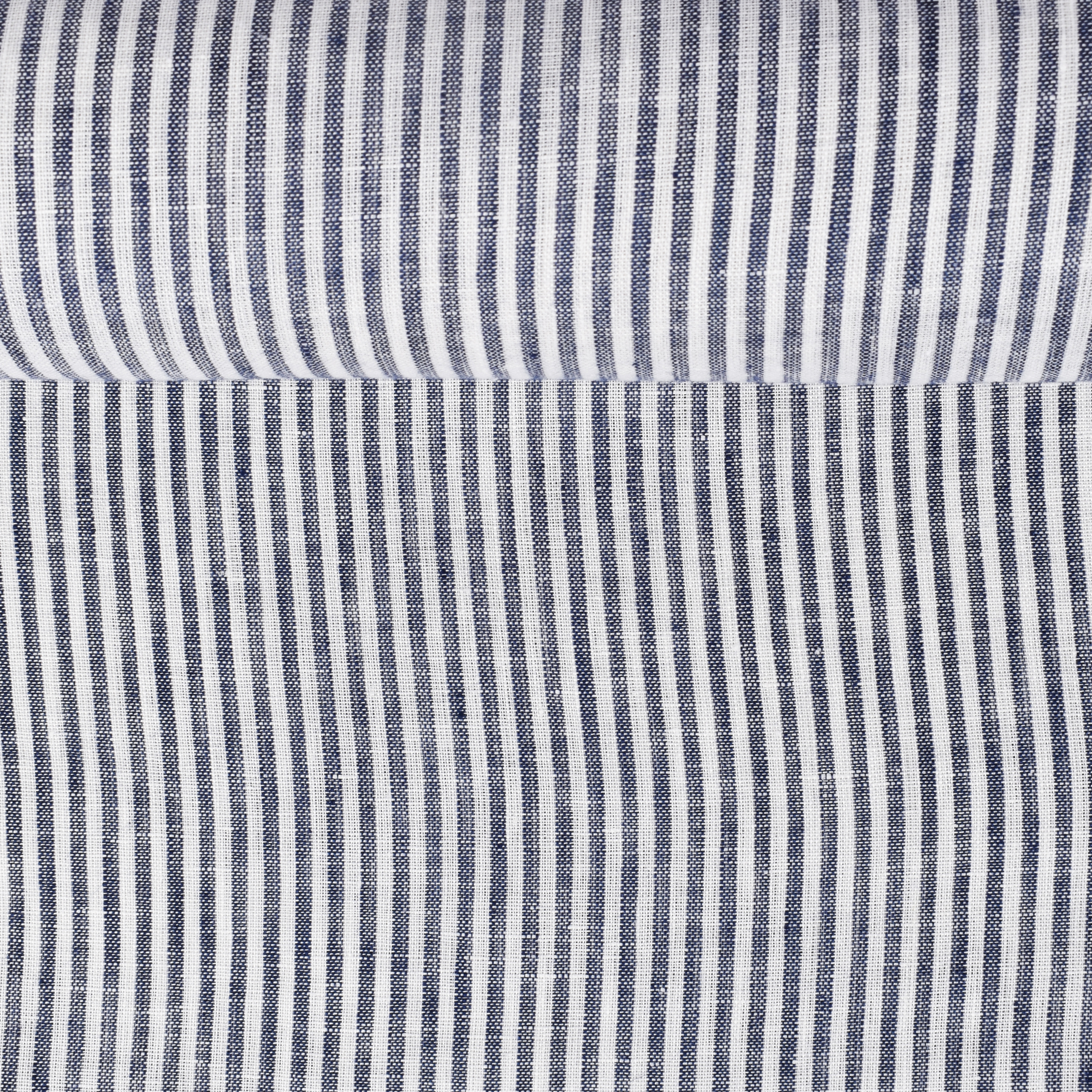 Washed striped in white and dark blue linen fabric, 130 g/m²