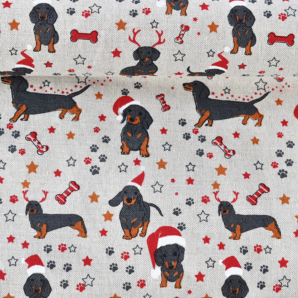 Printed semi linen fabric Christmas dachshund, 240 g/m²