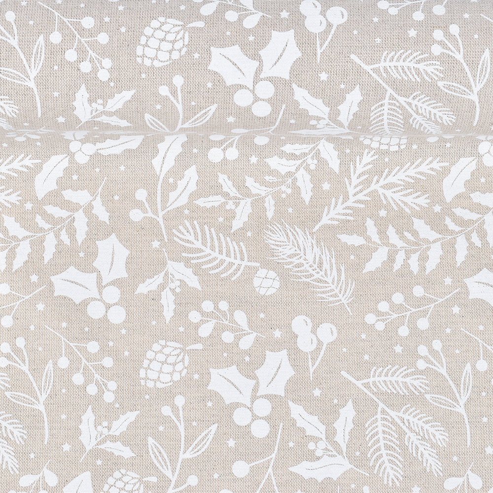 Printed semi linen fabric in natural linen colour Christmas greenery, 190 g/m²