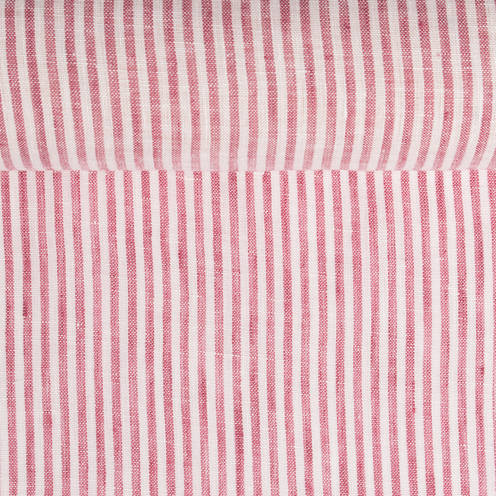 Washed red linen fabric in stripes, 130 G/M²