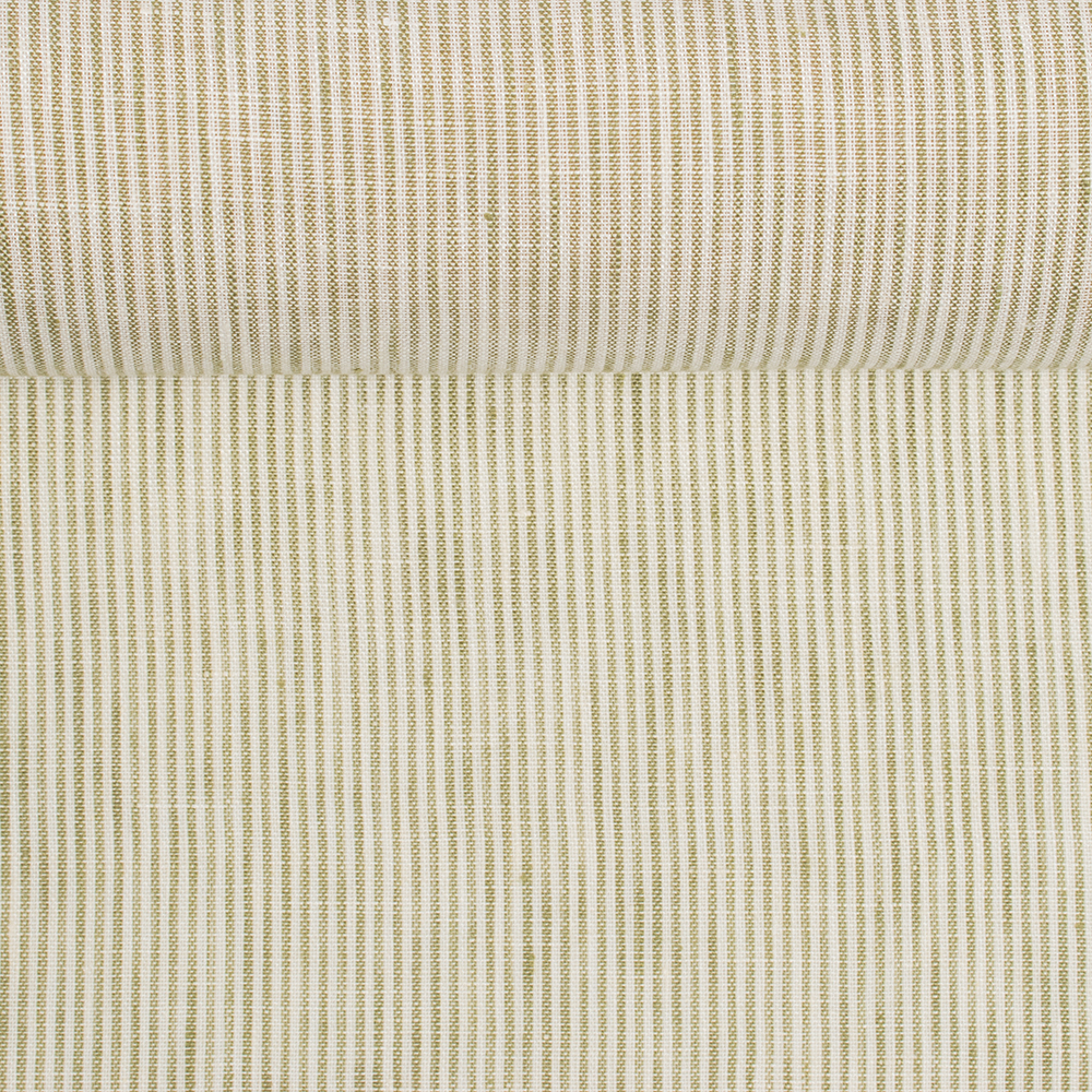 Washed green linen fabric in small stripes, 150 g/m²