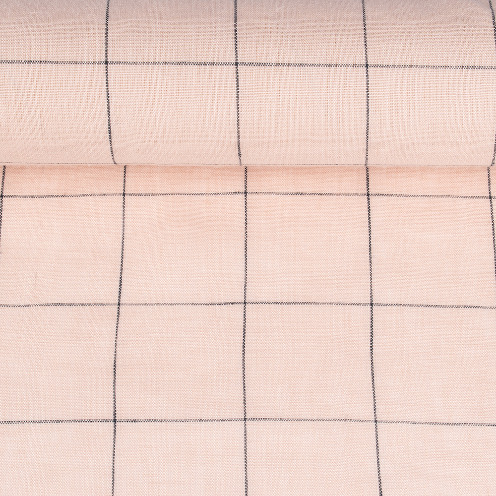 Washed checkered linen fabric in rose colour, 150 g/m²