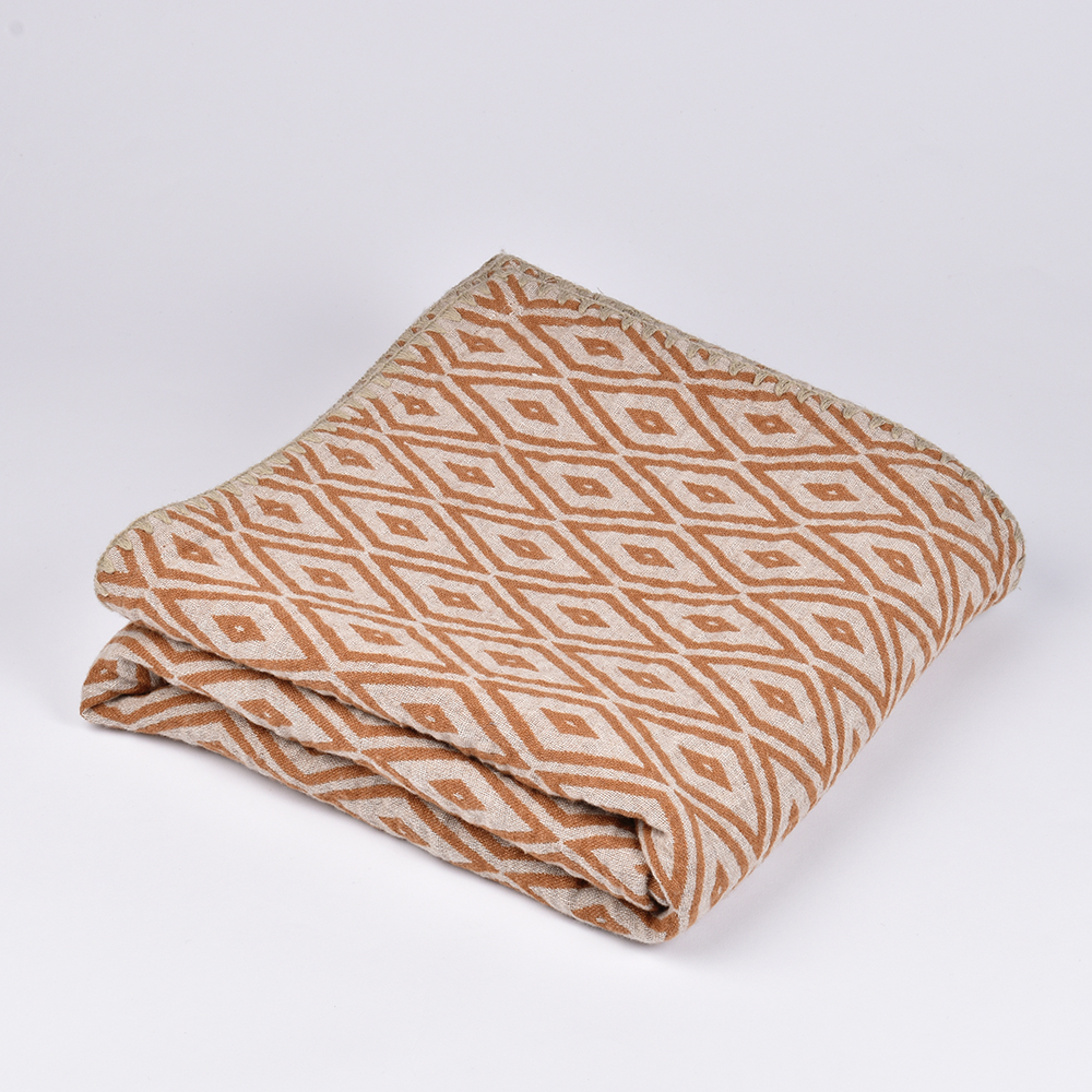 Brownish, rhombus patterned linen blanket with wool HARMONY, 110x180 cm