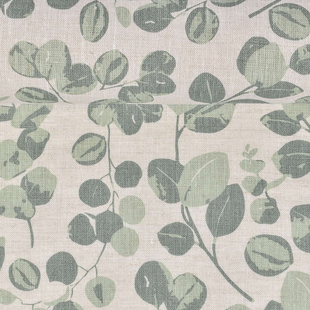 Washed printed linen fabric Eucalyptus leaves, 190 g/m²