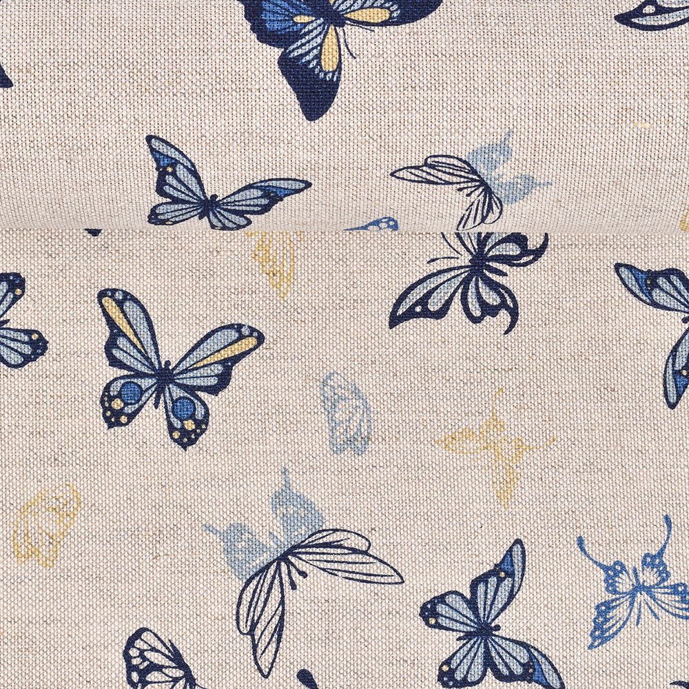 Printed semi linen fabric Blue butterflies, 240 g/m²