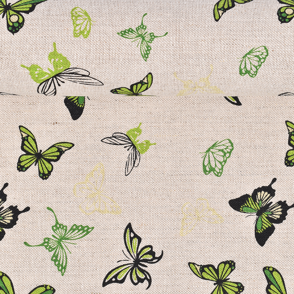 Printed semi linen fabric Green butterflies, 240 g/m²