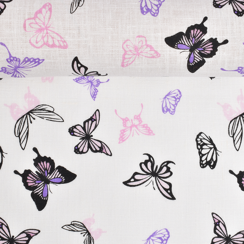 Washed printed linen fabric in white colour Purple butterflies, 205 g/m²