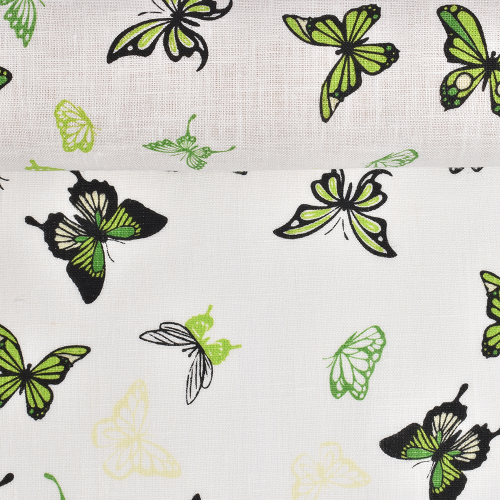 Washed linen fabric in white colour Green butterlies, 205 G/M²