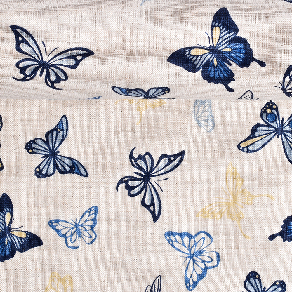 Washed linen fabric in natural and white colours Blue butterflies, 190 g/m²