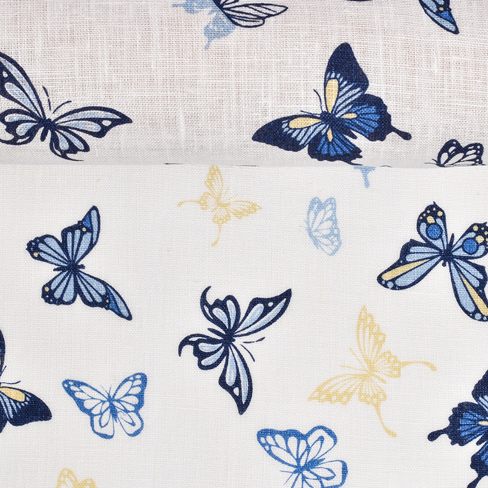 Washed linen fabric in white colour Blue butterflies, 205 g/m²