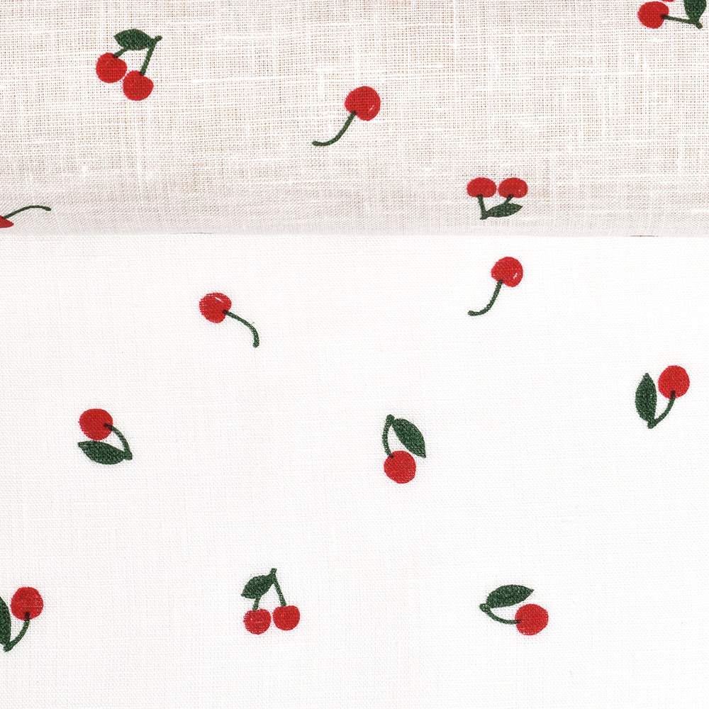 Thin washed linen fabric in white colour Cherries, 130 g/m²