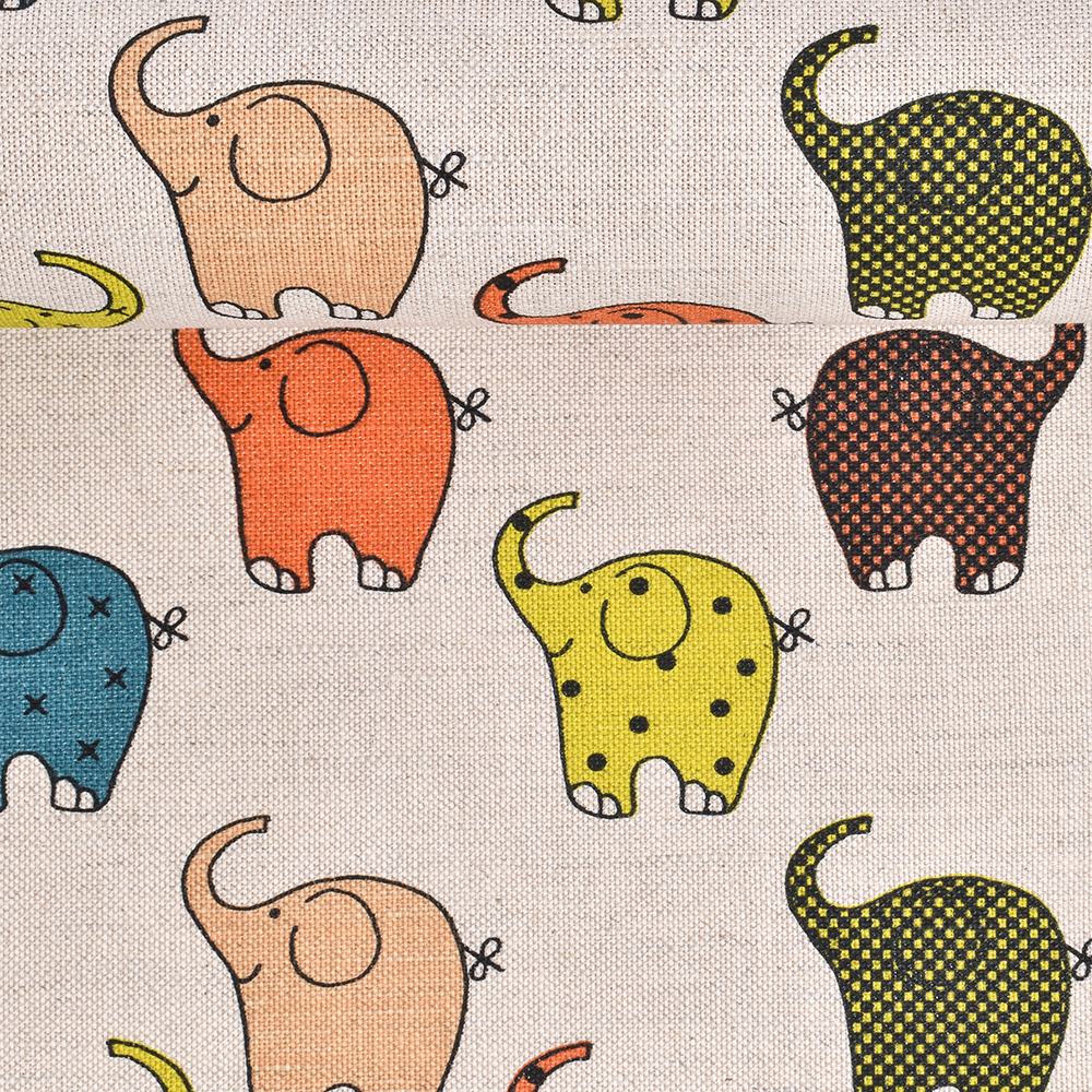 Printed semi linen fabric in natural colour Little elephants, 240 g/m²