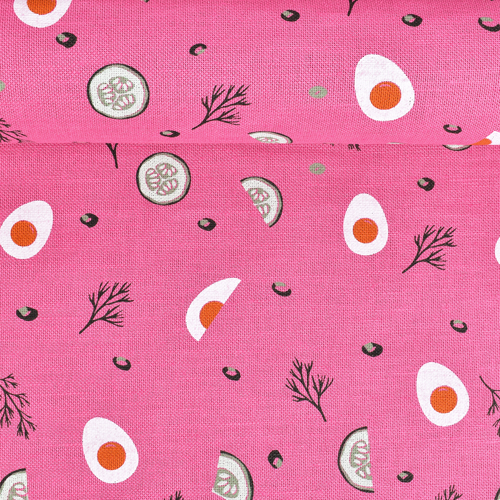 Printed semi linen fabric Lithuanian pink soup - Šaltibarščiai, 240 g/m²