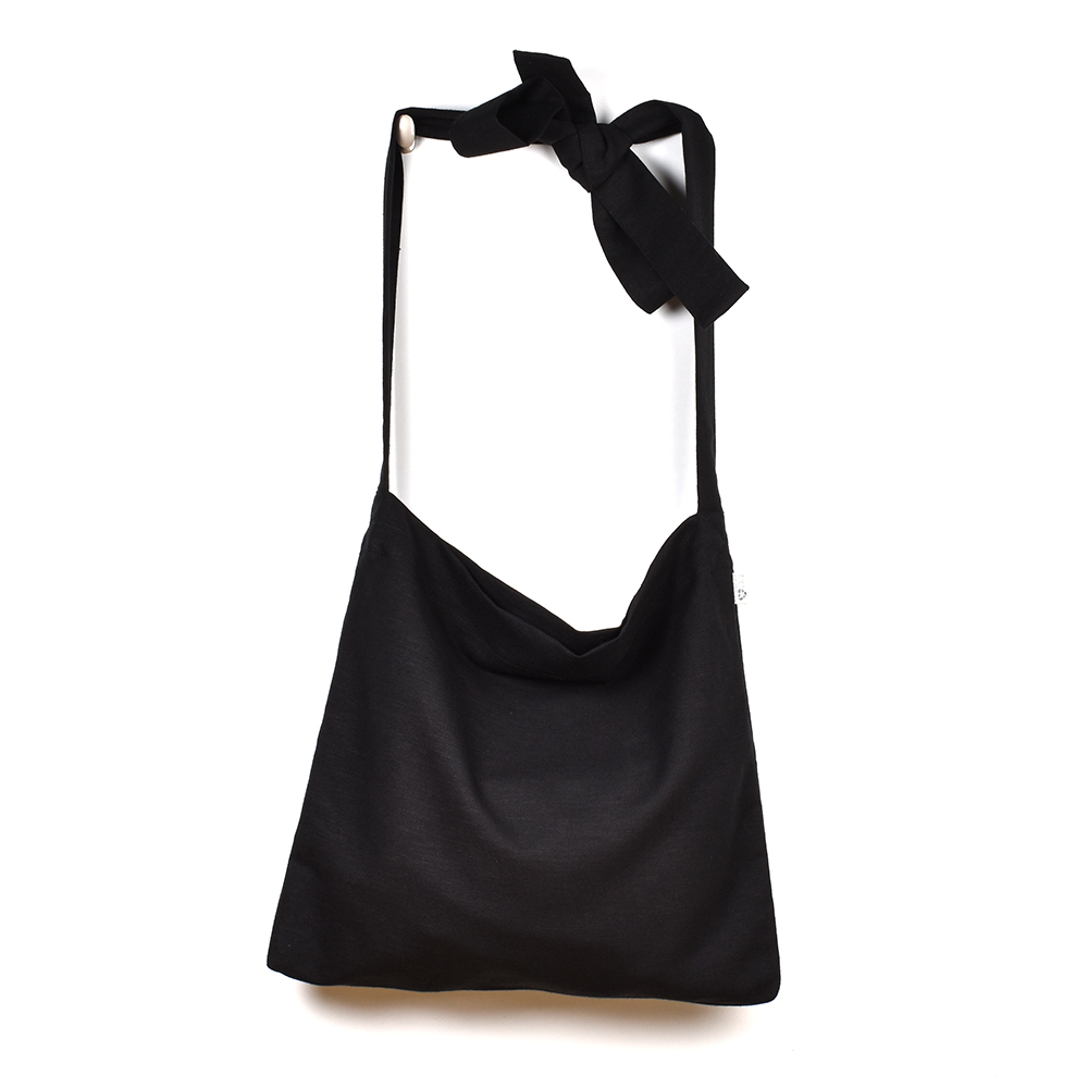 Linen handbag Reuse me in black color with tied up handle