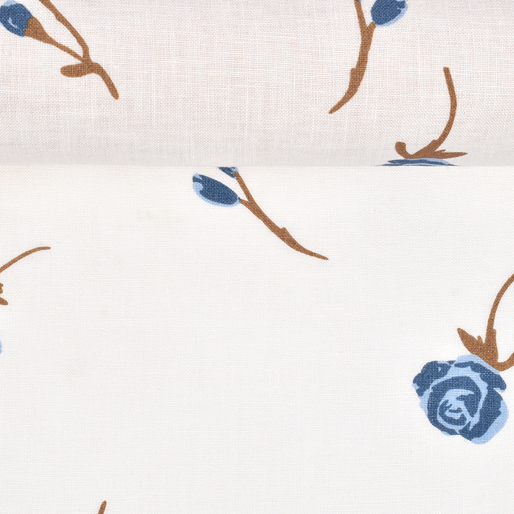 Washed and printed linen fabric in white colour Blue flowers, 205 g/m²