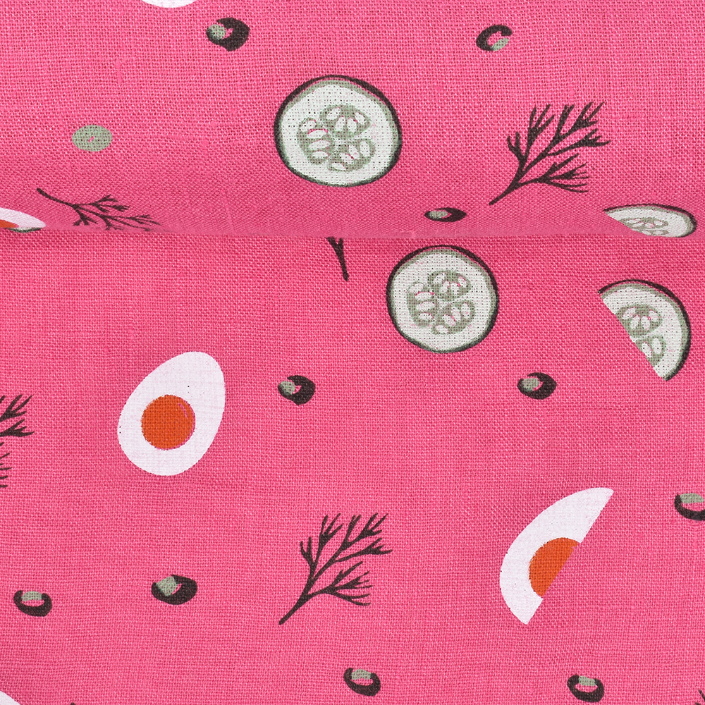 Washed printed linen fabric Lithuanian pink soup - Šaltibarščiai, 205 g/m²