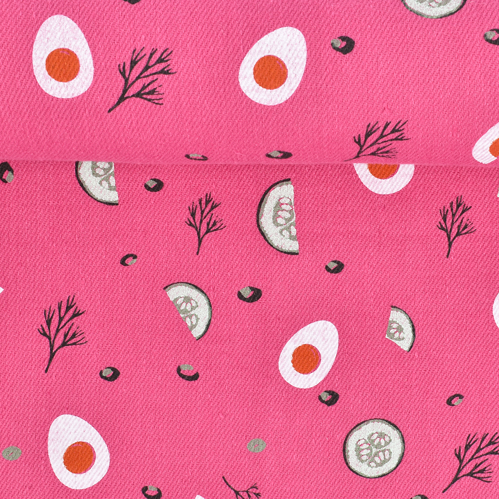 Washed printed, structured weaving linen fabric Lithuanian pink soup - Šaltibarščiai, 410 g/m²