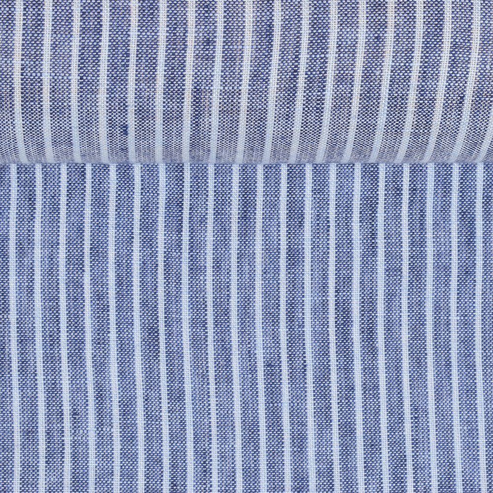 Washed blue linen fabric in small stripes, 170 g/m²