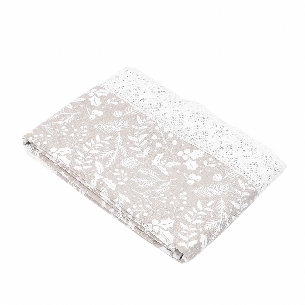 Natural color linen tablecloth with lace printed with white pattern Christmas greenery, 154x154 cm