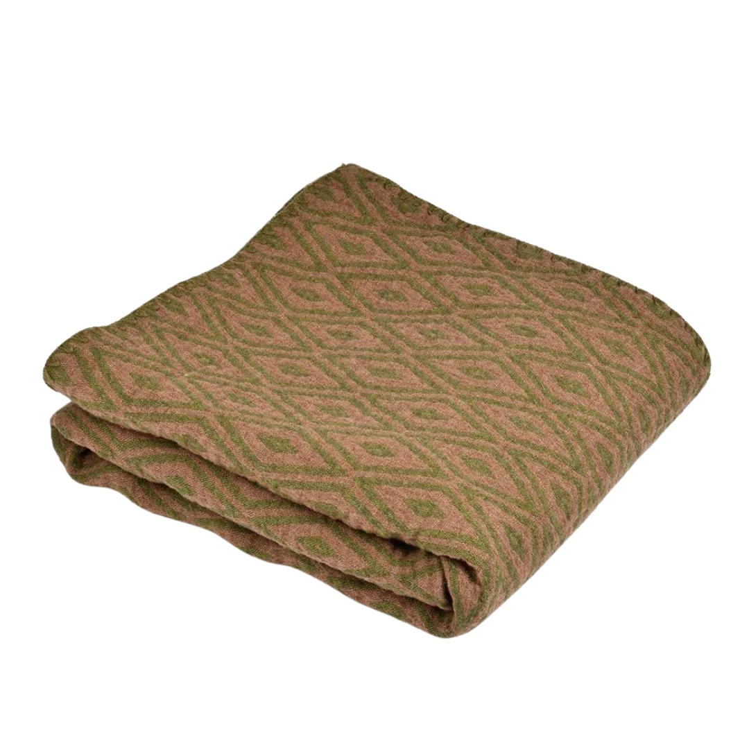 Green, rhombus patterned linen blanket with wool HARMONY, 110x180 cm