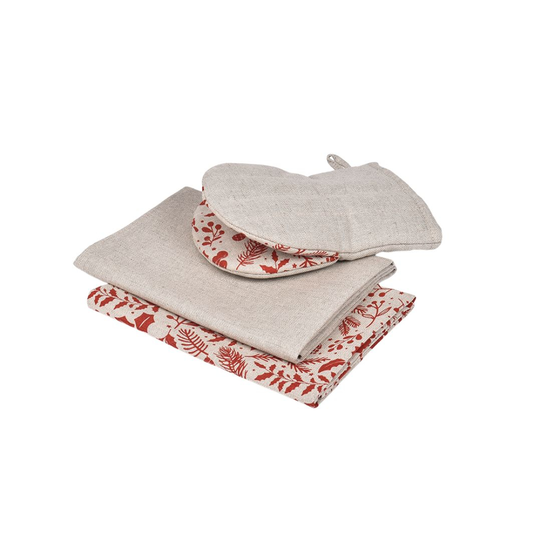 A kitchen set Christmas greenery - two tea towels with mitten - red print