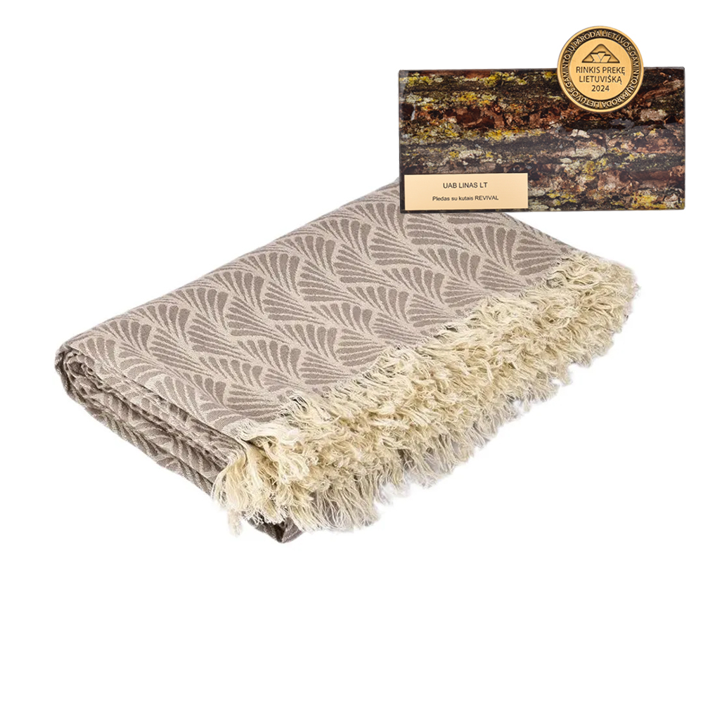 Sand colour patterned blanket with fringes REVIVAL, 131x180 cm