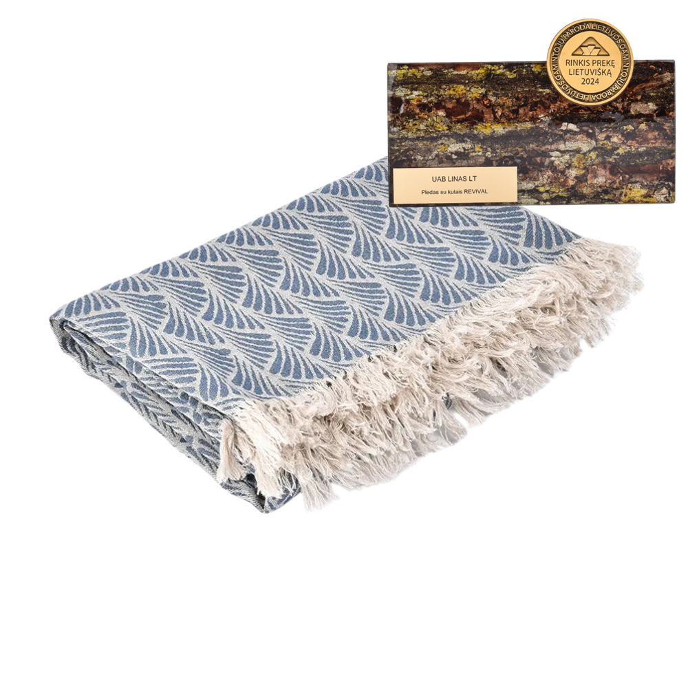 Blue colour patterned blanket with fringes REVIVAL, 132x180 cm