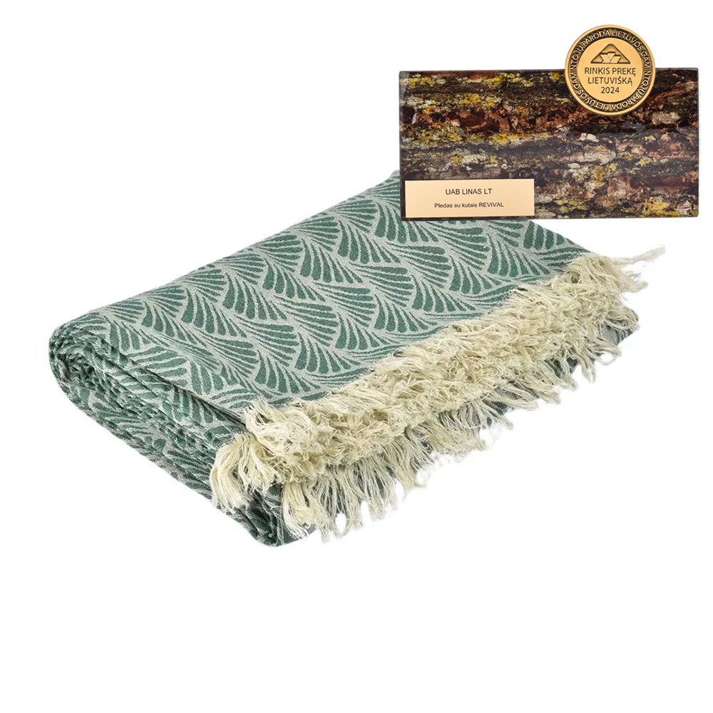 Green colour patterned blanket with fringes REVIVAL, 131x180 cm