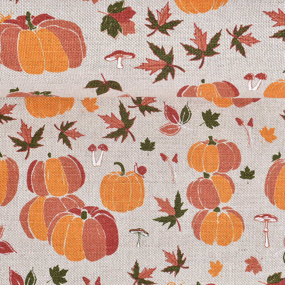 Printed semi linen fabric in natural colour Pumpkins, 240 g/m²