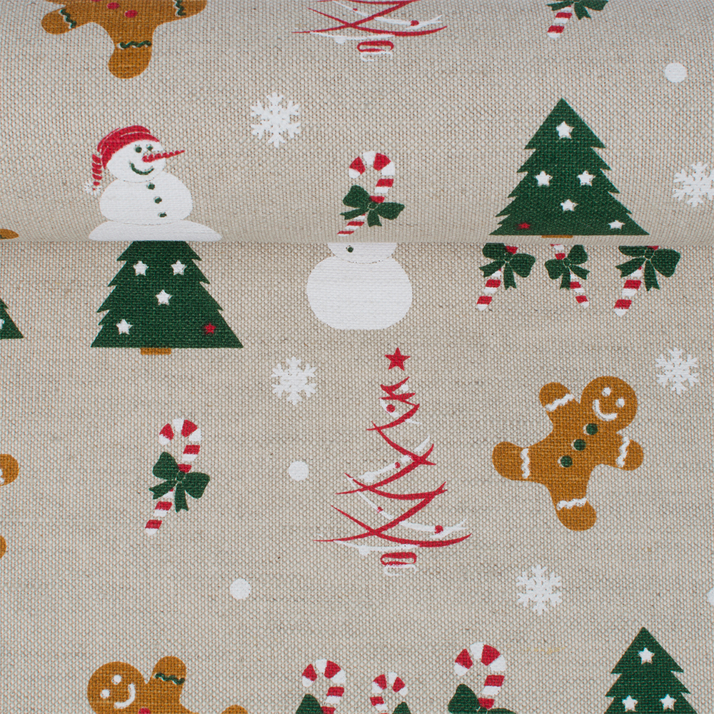 Printed semi linen fabric in natural colour Gingerbread men, 240 g/m²