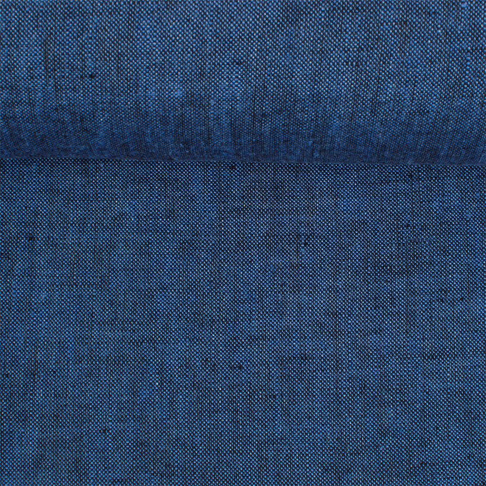 Washed linen melange fabric in blue and black colours, 195 g/m²