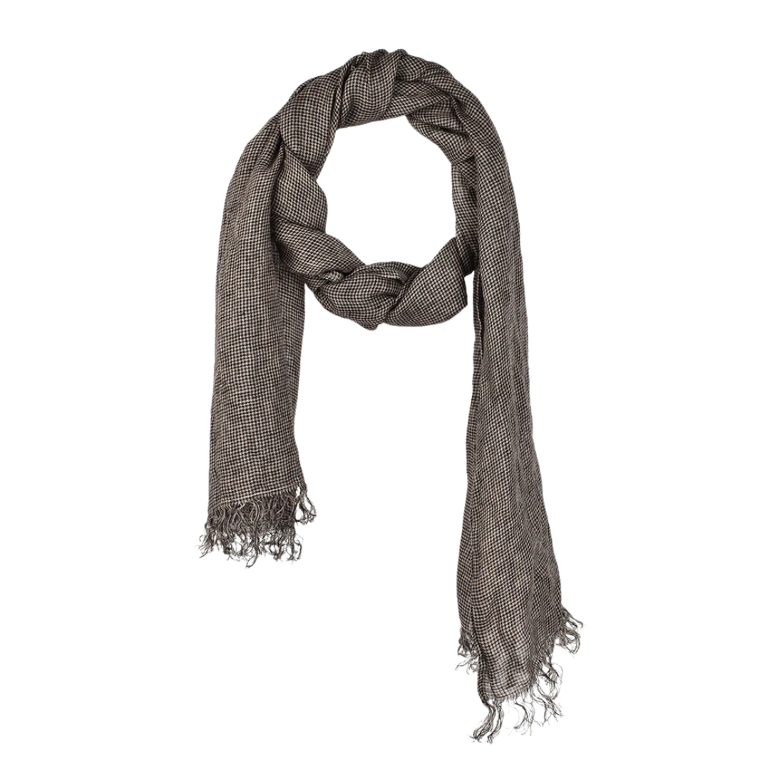 Thin linen scarf with fringes in black and light brown colors, 45x210 cm