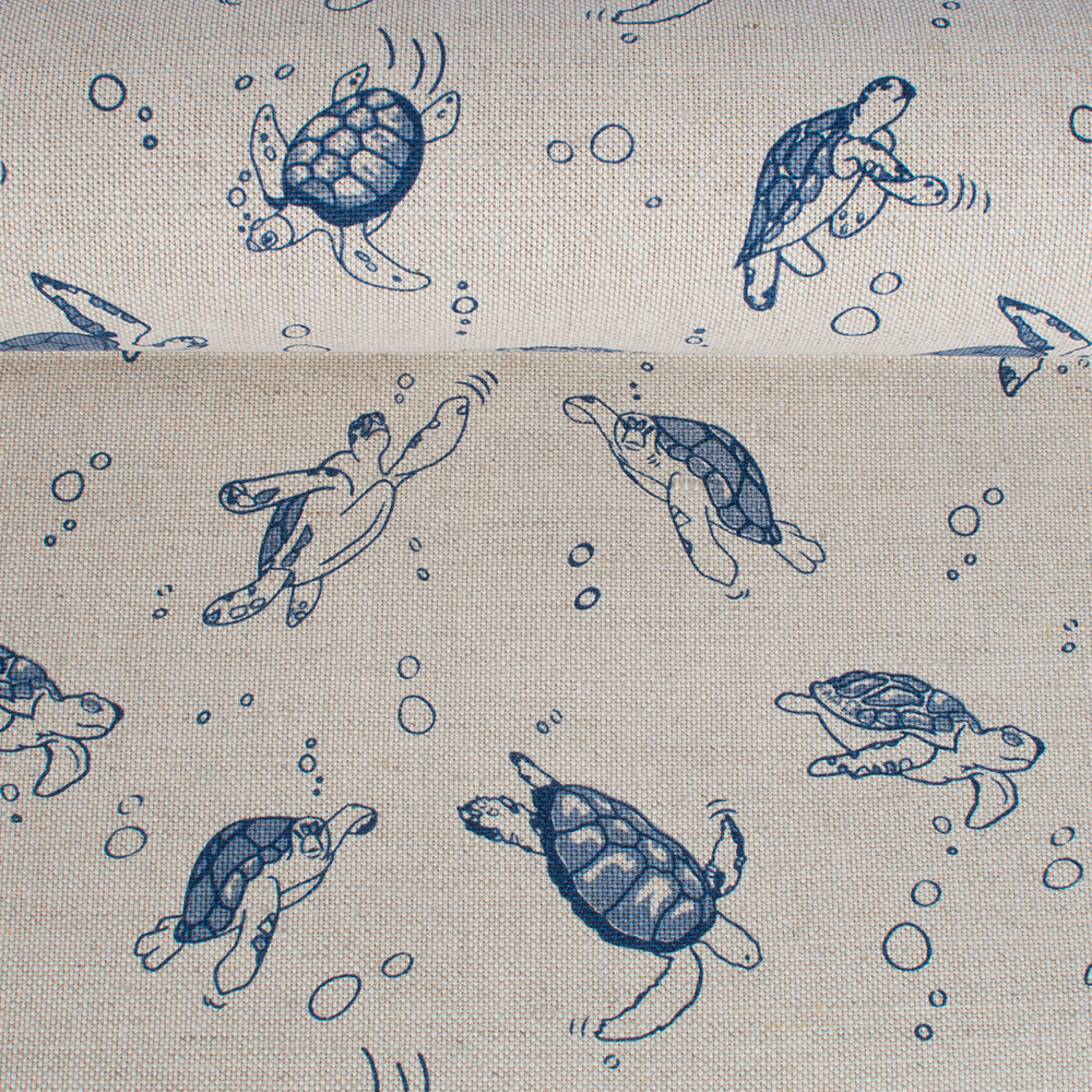 Printed semi linen fabric in natural colour Blue turtles, 240 g/m²