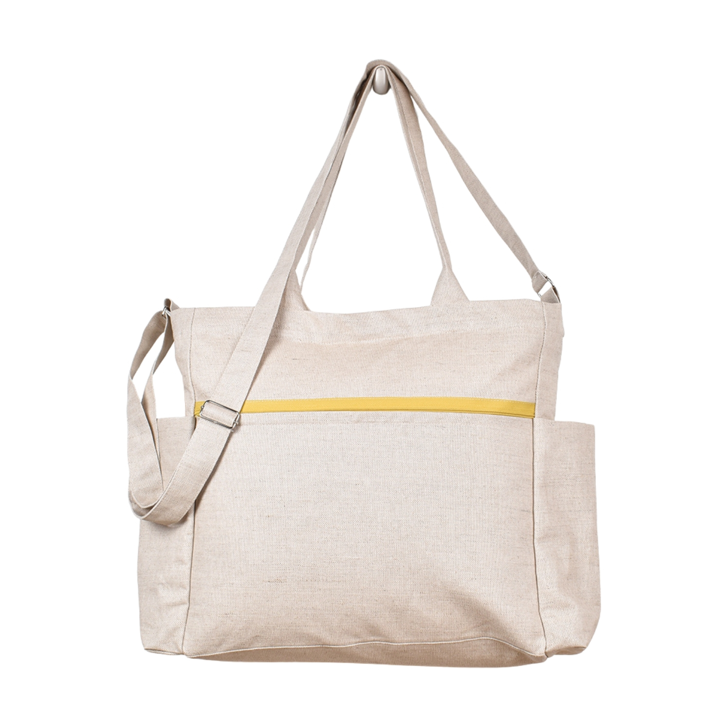 Handbag in natural linen color with zippers