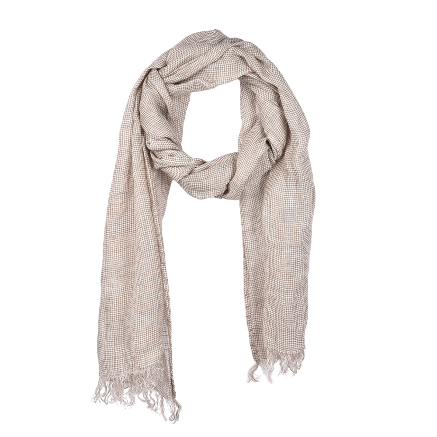 Thin linen scarf with fringes in sand and whitish colors, 45x210 cm