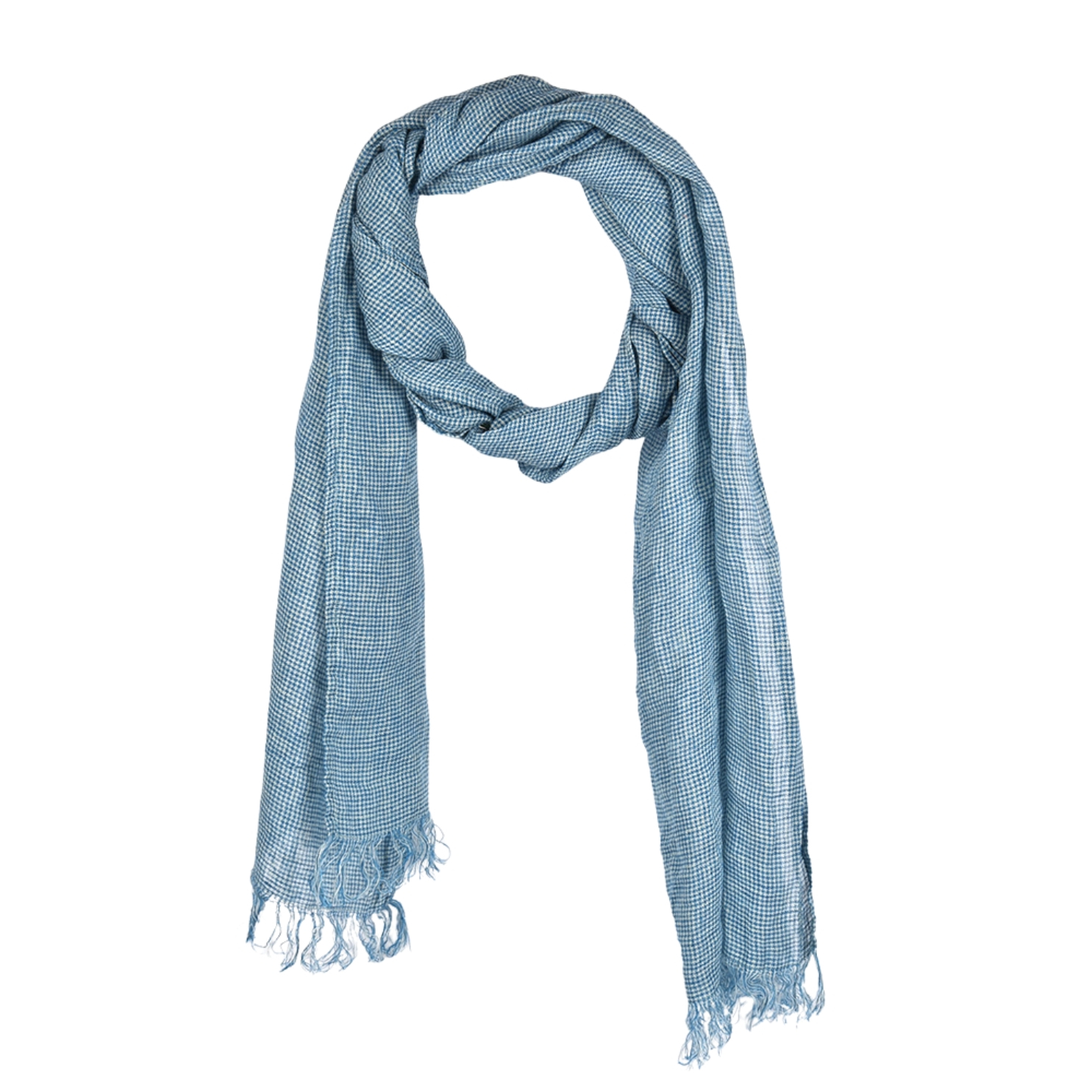 Thin linen scarf with fringes in blue and light sand colors, 45x210 cm