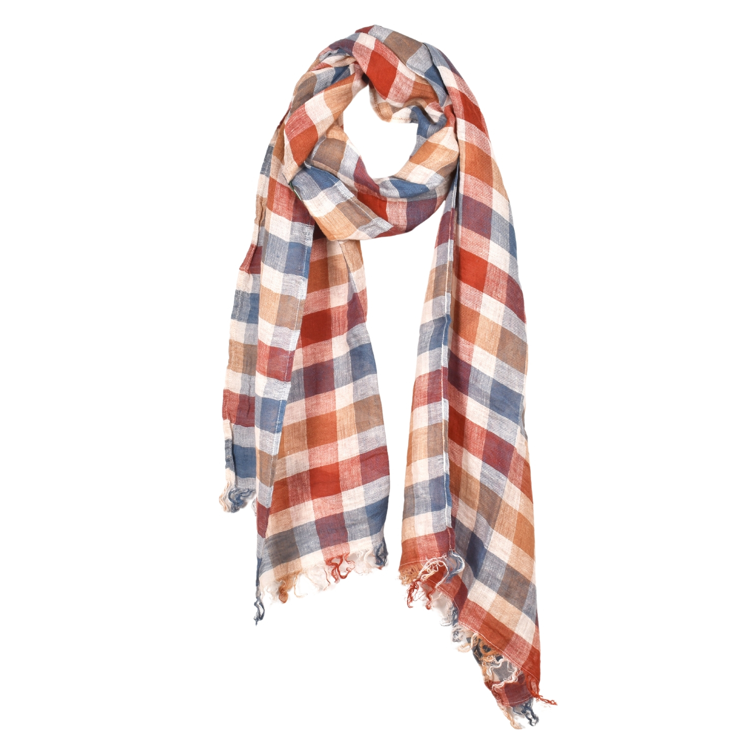 Linen checkered scarf with fringes