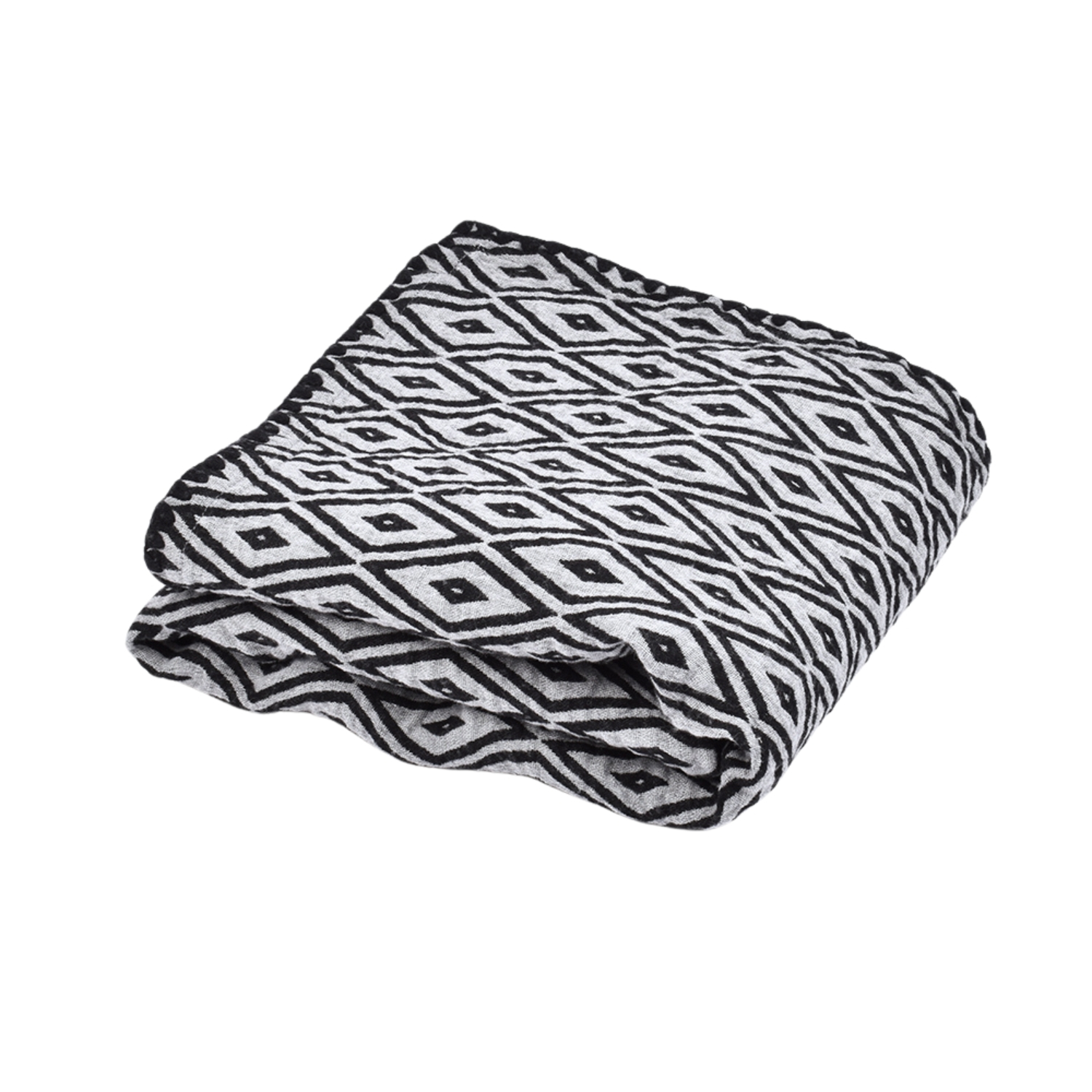 Black, rhombus patterned linen blanket with wool HARMONY, 110x180 cm