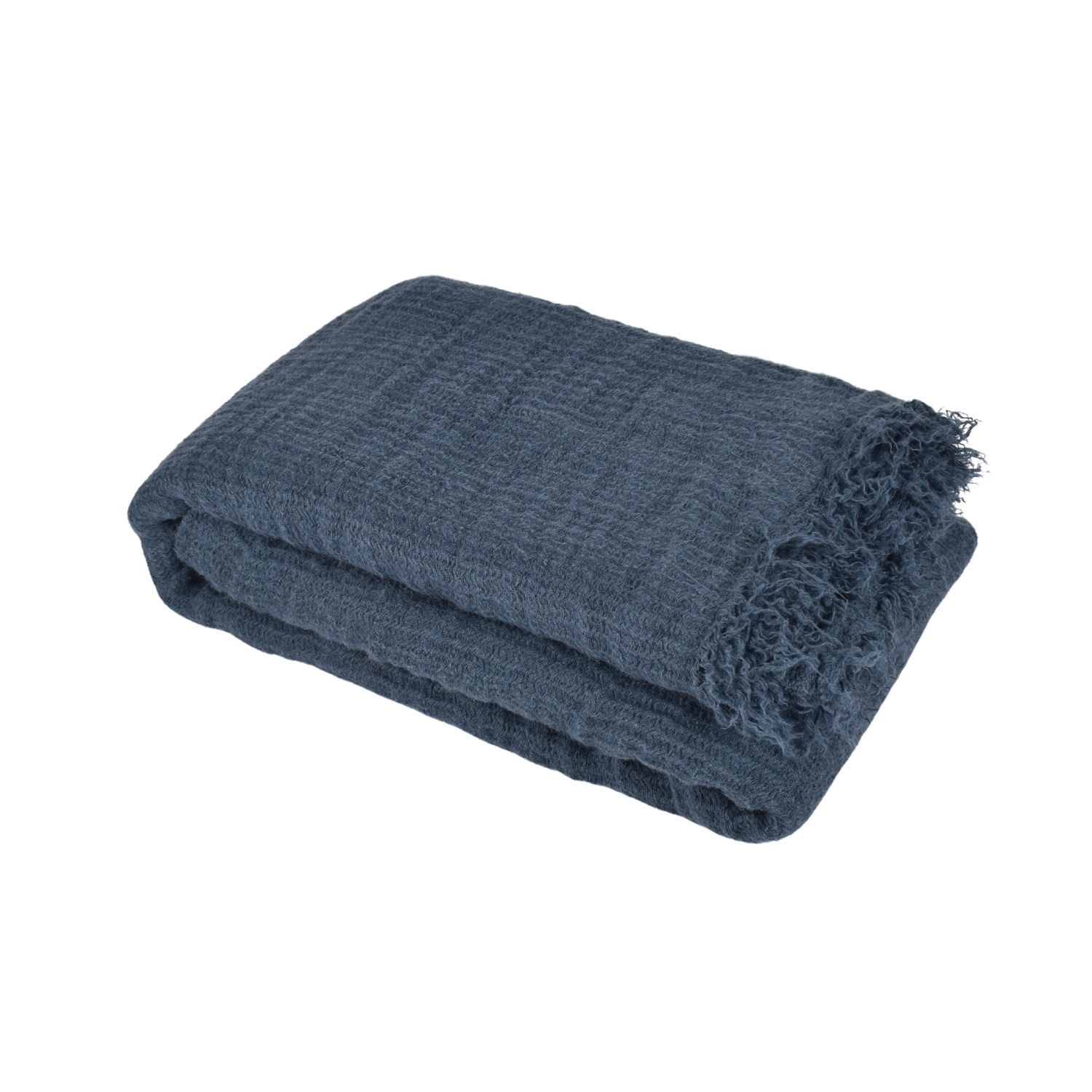 Violet blue color linen bed throw with fringes, 120x200 cm