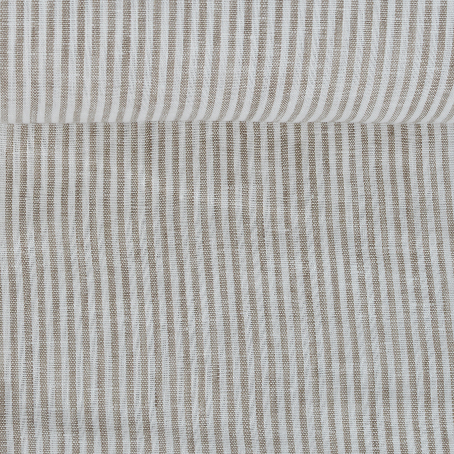 Washed white linen fabric in beige stripes, 130 g/m²